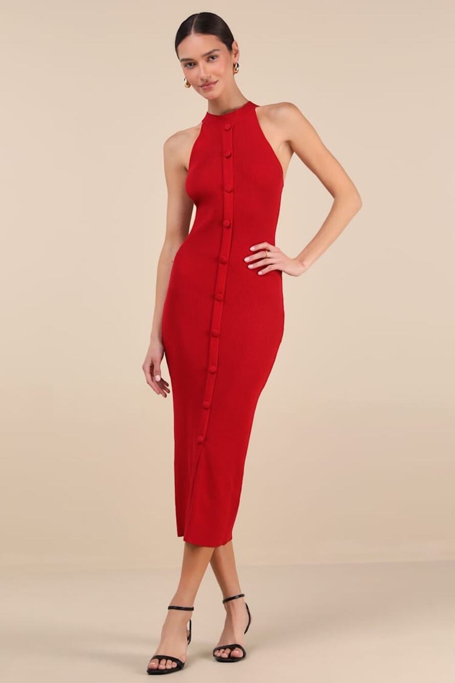 Lulus Sunia Red Sleeveless Button Midi Sweater Dress Wedding Holiday Medium